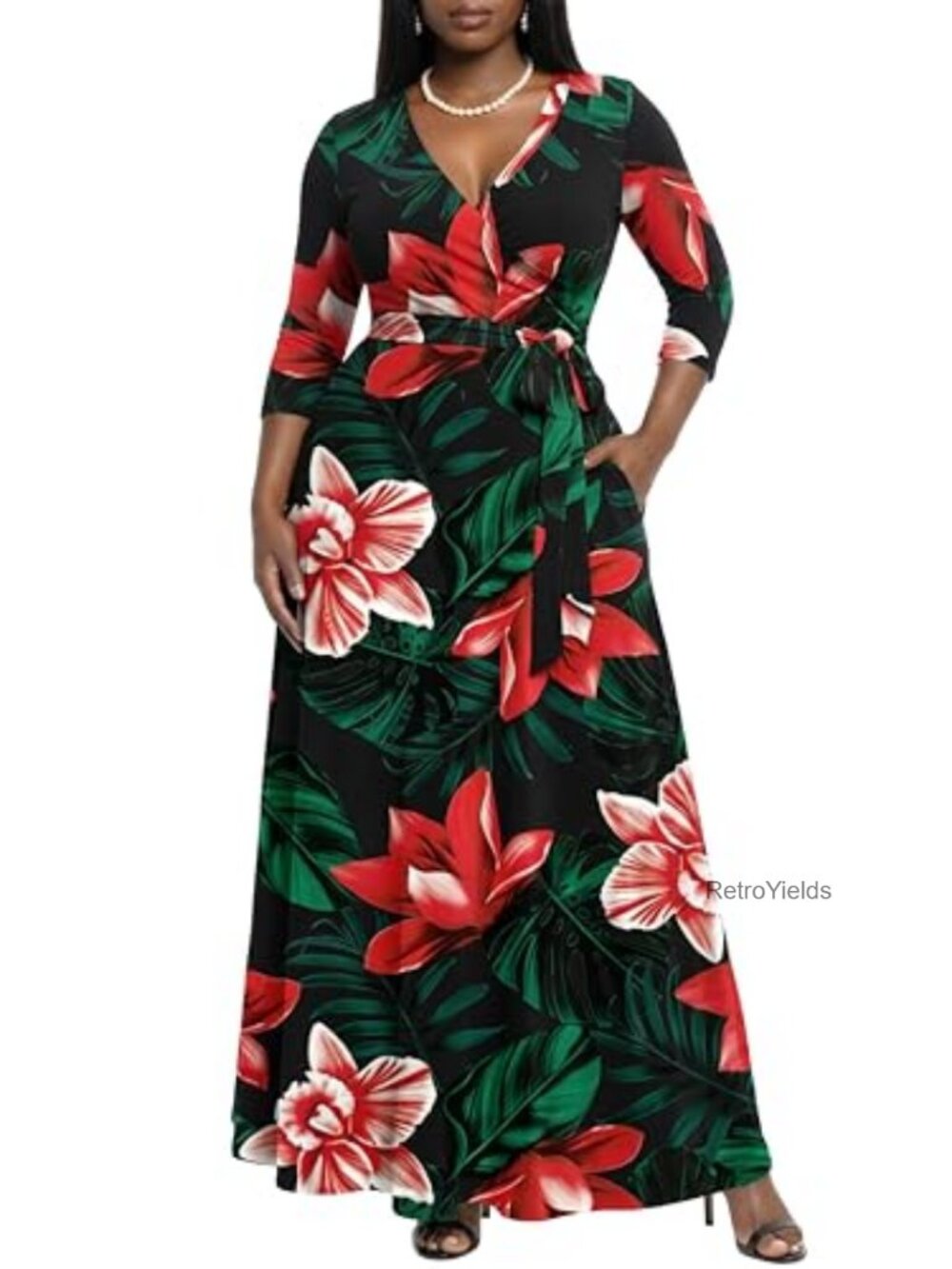 Women's Maxi Dress 3/4 Sleeve V-Neck Wrap Tie Waist Long Dress with Pockets
